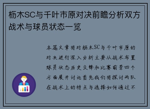 枥木SC与千叶市原对决前瞻分析双方战术与球员状态一览
